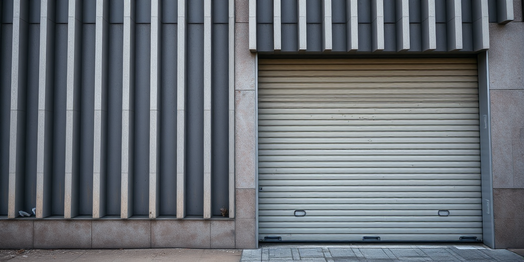 regenerate an image of a building facade with vertical lines and a garage door, high-resolution, aperture f/8, ISO 100, 24mm lens, HDR photography, captured with a DSLR camera from a straight-on view