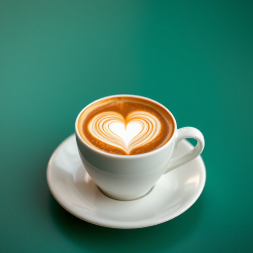 Create a high-resolution image of a latte art heart in a white cup on a white saucer with a green background, using a Canon EOS R5 with a 50mm f/1.2 lens at f/2.8, ISO 100, and a soft focus style.