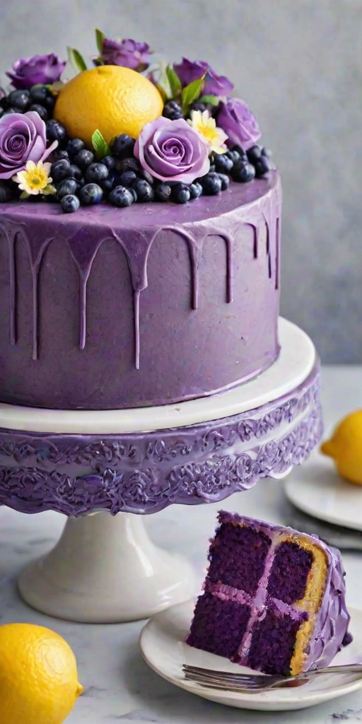 Create a visually stunning image of a multi-layered cake with a vibrant purple frosting. The cake should be filled with blueberries and decorated with fresh flowers, including lavender and other colorful blooms. The setting should be elegant, with a marble cake stand and a soft, light background that enhances the cake's beauty. Include some scattered blueberries and lemon zest around the base for added detail.