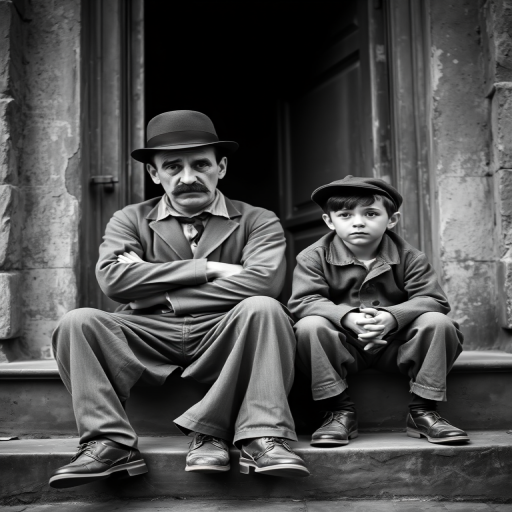 A black-and-white photograph of a man and a child sitting on steps in front of a doorway. The man is dressed as a tramp with a bowler hat, mustache, and ragged clothes, reminiscent of Charlie Chaplin's iconic look. He is sitting with his arms crossed and an expression of slight sadness or frustration. Next to him is a young boy, also in worn clothes and a cap, sitting with his hands clasped, looking thoughtful. The background is an old, textured wall and a partially open door, creating a vintage, early 20th-century atmosphere.