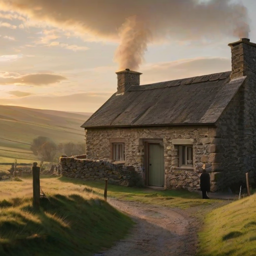Old stone cottage in the countryside, smoke rising gently from the chimney, a woman stands by the front gate, her hands wrapped around a steaming mug as she watches the sunset over the rolling hills.