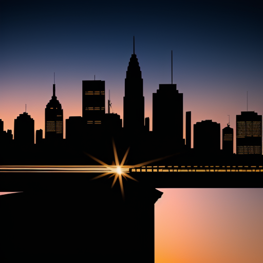 Stunning Sunset Over a City Skyline with Silhouettes and Reflections