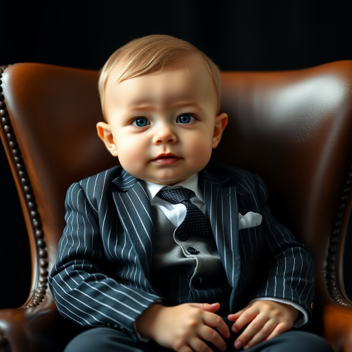 portrait of a baby in a pinstripe suit sitting in a luxurious leather chair with a black background, natural lighting, shallow depth of field, 85mm lens at f/1.8, ISO 100, captured with a DSLR camera