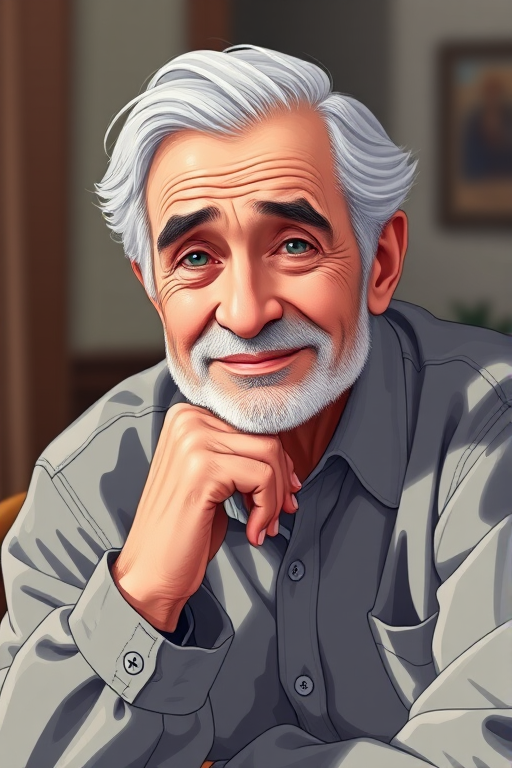 Create an illustration of an older gentleman with gray hair and a slight smile, sitting with his chin resting on his hand, using a DSLR camera at f/2.8, ISO 200, 50mm lens, with soft lighting and a shallow depth of field to enhance detail and vibrancy.