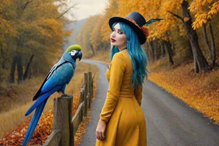 digital art fantasy depicting a strange girl with blue hair, long eyelashes, Yellow lipstick and a tall hat walking along a winding road on an autumn afternoon, an Parrot smiles as she passes