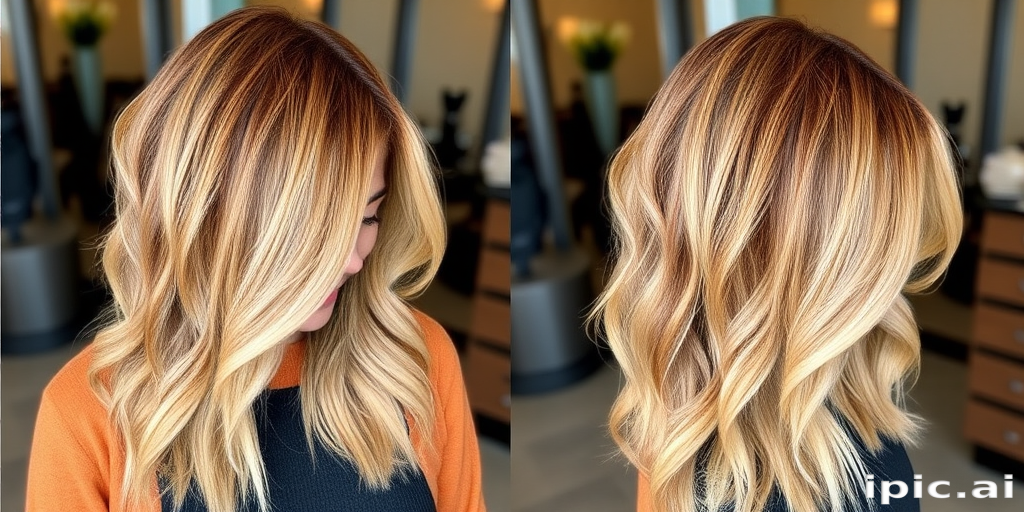 Soft honey blonde balayage on a long shag haircut, Golden Hour Shag style, blending warm tones with face-framing layers and textured ends for a lived-in look