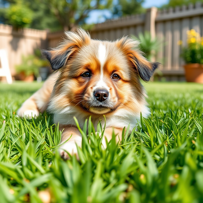 A fluffy dog resting on green grass in a sunny backyard, captured with a Canon EOS 5D Mark IV, 50mm lens, aperture f/1.8, ISO 100, at a low angle to focus on the dog's expression and the texture of the grass.
