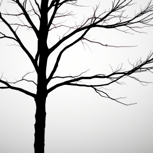 Capture a minimalistic black and white silhouette of a tree against a soft gradient background, using a DSLR camera, aperture f/2.8, ISO 200, shutter speed 1/200s, in portrait orientation, with a shallow depth of field for a dreamy effect.