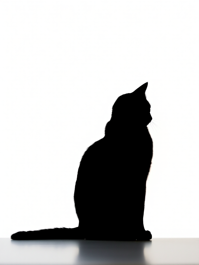 Regenerate the image of a simple black silhouette of a cat sitting, captured with a Canon EOS R5 camera, 50mm lens, f/1.8 aperture, ISO 100, natural light, shallow depth of field, with a clear view focused on the silhouette against a neutral background.