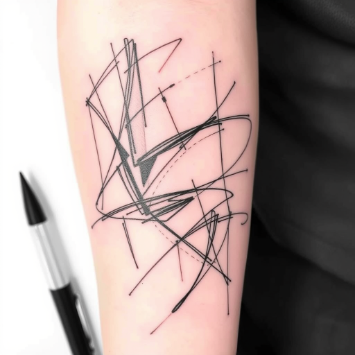 Sketch-style tattoo called "Artisan's Vision" depicting an unfinished drawing come to life, with loose, gestural lines and shading creating a dynamic effect