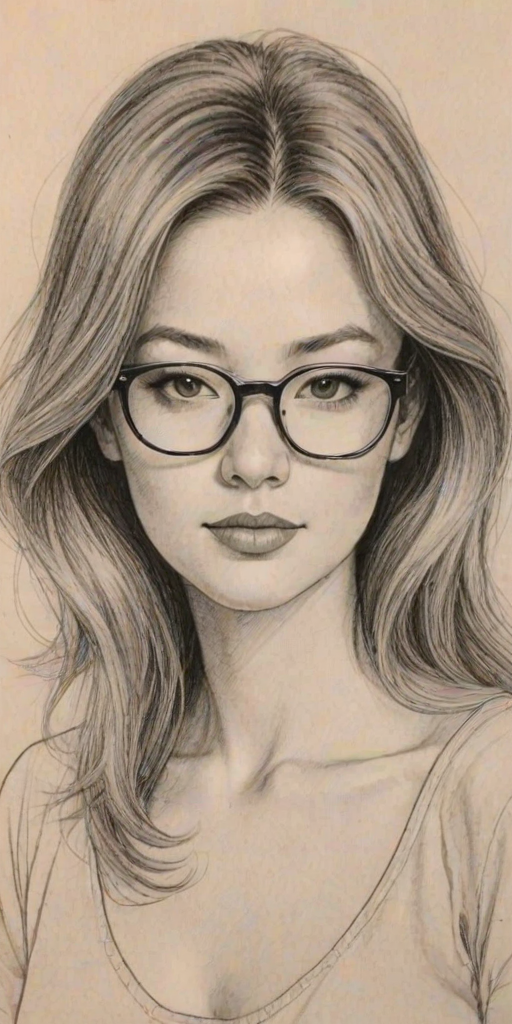 Alluring Bobby Lee, pencil sketch, portrait of Attractive woman 1975s in glasses, hair style beatnik, outline, clear lines, fine lines, 8k