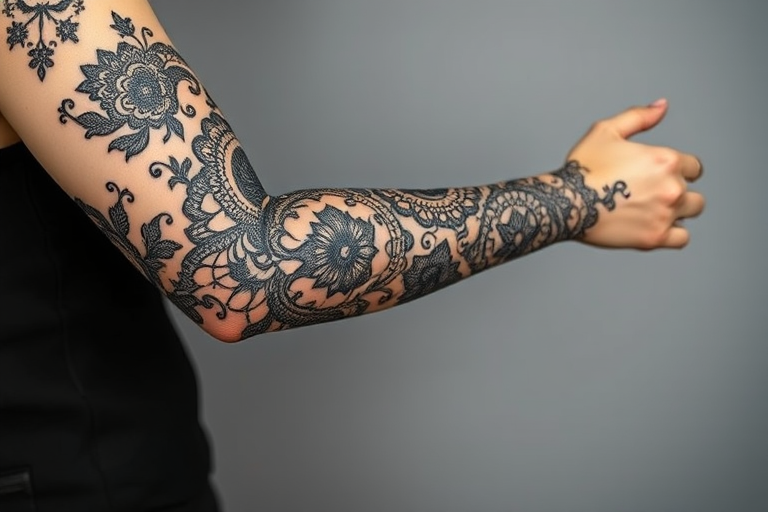 Ornamental blackwork tattoo of intricate lace patterns adorning the entire arm, creating the illusion of a delicate sleeve with negative space