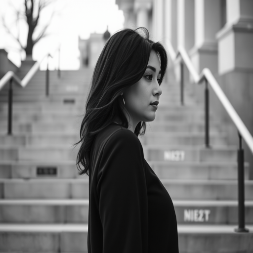 portrait of a woman standing on steps in black and white, focusing on her profile with soft natural lighting, aperture f/2.8, shutter speed 1/250s, ISO 100, shot from a low angle using a DSLR camera with a prime lens