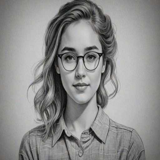 Enchanting Haley Lu Richardson, pencil sketch, portrait of Charming woman 1945s in glasses, hair style beatnik, outline, clear lines, fine lines, 8k