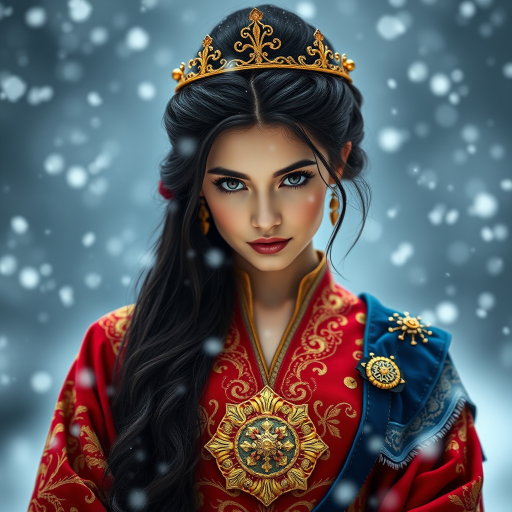 A young woman with long black hair styled in a high bun, adorned with a gold crown and intricate hair ornaments, stares intently at the viewer. She wears a vibrant red and gold embroidered robe with blue accents, a gold belt with a large ornate buckle, and a blue and gold shoulder piece. The woman is positioned in the center of the frame, with the background blurred and filled with falling snow. The image has a soft, ethereal feel with a focus on the woman's face and attire, creating a portrait-like composition. The colors are rich and saturated, with the red, gold, and blue of the clothing standing out against the muted blue and white of the snowy backdrop. The lighting is soft and diffused, casting a warm glow on the woman's face.  The overall mood is elegant and mysterious.  The details of the woman's attire, especially the intricate embroidery and embellishments, add a sense of opulence and grandeur.  The falling snow further enhances the sense of winter magic and wonder.