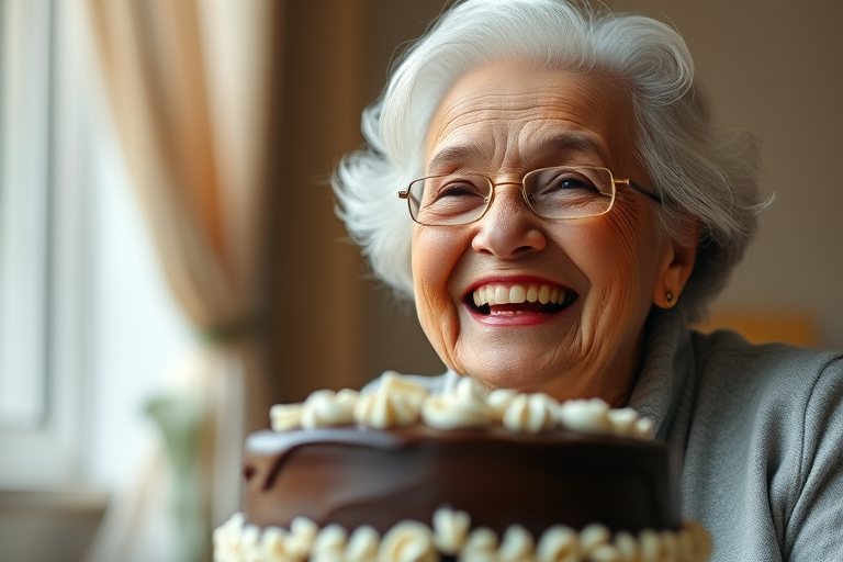 Regenerate an image of a joyful elderly woman smiling with a chocolate cake in front of her, soft warm lighting, shallow depth of field, 50mm lens, f/1.8 aperture, ISO 200, natural light photography.