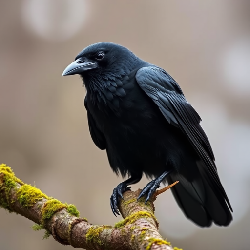 A detailed close-up of a raven perched on a mossy branch, captured with a DSLR camera at f/4, 1/250 sec, ISO 400, using a telephoto lens from a low angle to emphasize the bird's sharp features and glossy feathers with a blurred background.