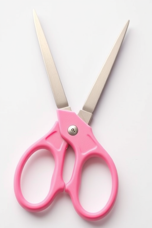 create a highly detailed close-up image of pink-handled scissors on a white background, with a shallow depth of field, using a DSLR camera set to f/2.8, ISO 100, and a shutter speed of 1/200 sec, captured from an overhead angle to emphasize the scissors' design and sharp blades.