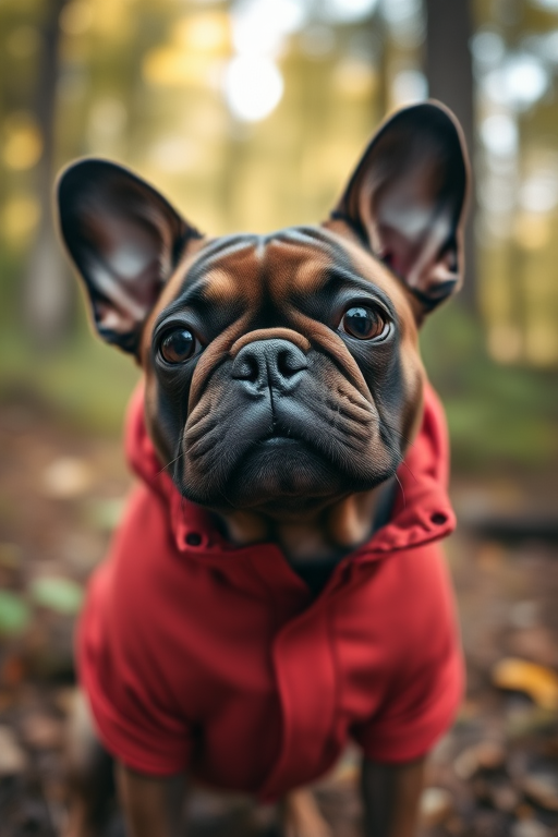 French Bulldog wearing a red jacket in a forest setting, shallow depth of field, soft natural lighting, 50mm lens, f/2.8 aperture, ISO 200, shot with a DSLR camera at eye level for a warm, intimate feel.