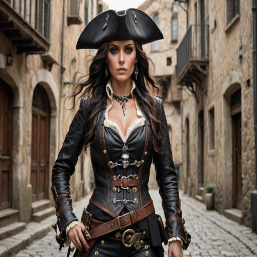 Create a portrait of a fierce female pirate. She wears a leather tricorn hat adorned with a skull and crossbones emblem, and her long, dark hair flows around her face. Her outfit consists of a richly detailed leather jacket, a corset, and multiple layers of belts and accessories, giving her a formidable and stylish appearance. She stands confidently in a dimly lit, historic port town, with a backdrop of weathered buildings and cobblestone streets, capturing the adventurous spirit of a pirate.
