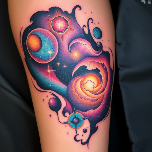 Cosmic tattoo called "Celestial Wanderer" showcasing galaxies nebulae and celestial bodies with swirling colors and glowing accents creating a mesmerizing space-inspired piece