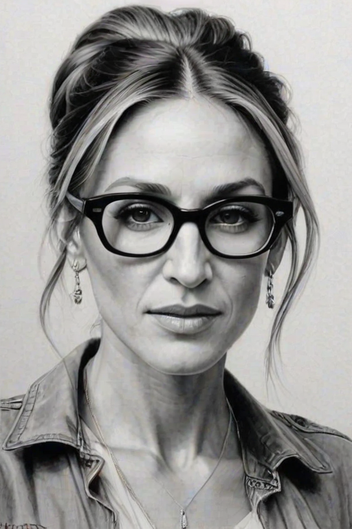 Magnificent Sarah Jessica Parker, pencil sketch, portrait of Ravishing woman 1972s in glasses, hair style beatnik, outline, clear lines, fine lines, 8k
