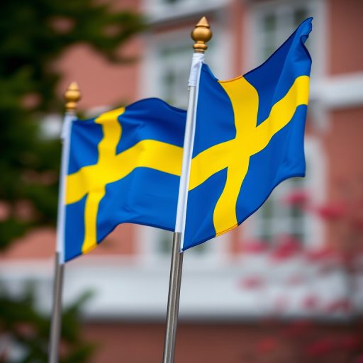Create an image of two Swedish flags waving, use a Canon EOS R5, focal length 50mm, aperture f/2.8, ISO 100, focus on the flags with a soft blurred background, employ a vibrant color palette for clarity and impact.
