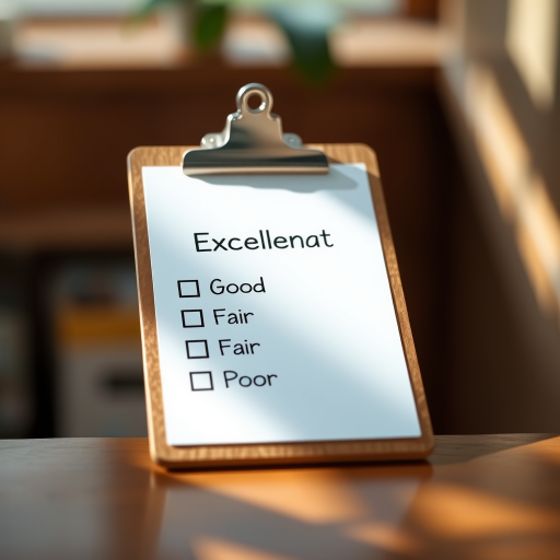 create a high-resolution digital illustration of a clipboard with a checklist, featuring the word "Excellent" checked, and options for "Good," "Fair," and "Poor" unmarked, soft natural lighting, depth of field focus, using a DSLR camera at f/2.8 aperture, 50mm lens, ISO 100, and a slight angle view for depth.