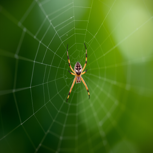 Close-up of a spider on its web against a blurred green background, using a macro lens at f/2.8, shutter speed 1/200s, ISO 200, natural lighting for enhanced depth of field, shot with a DSLR camera.