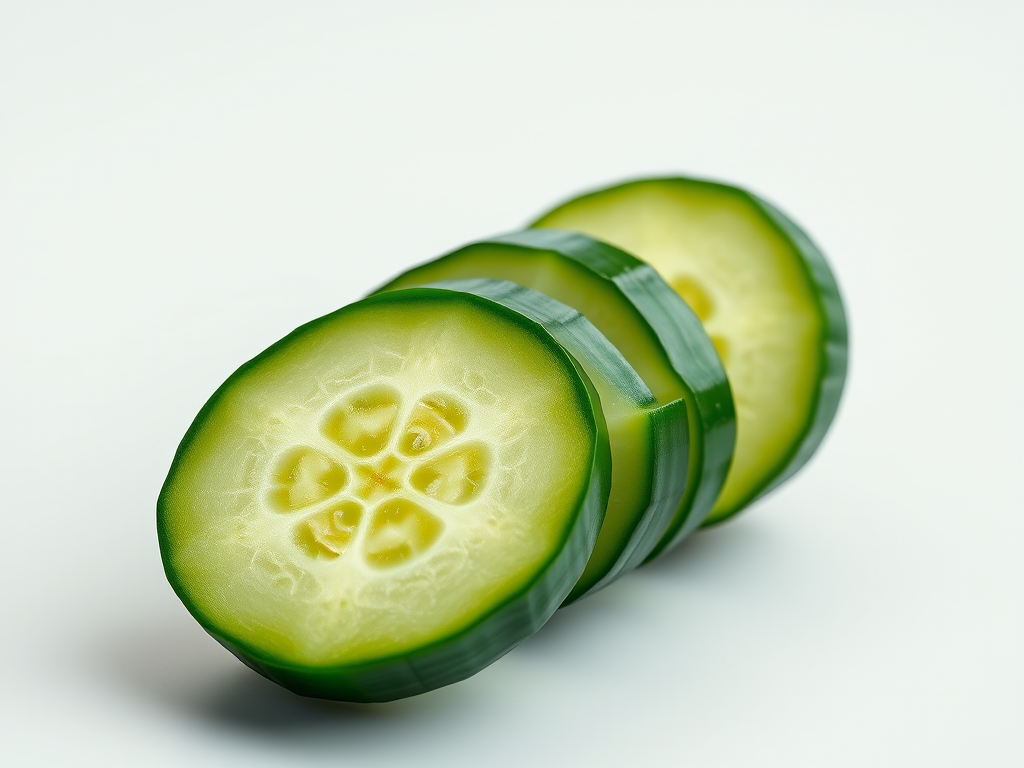 Create a high-resolution 3D rendering of a sliced cucumber, showcasing vibrant green colors and detailed texture, captured with a Canon EOS 5D Mark IV, 50mm lens, f/2.8 aperture, ISO 100, using a macro photography style for enhanced detail.
