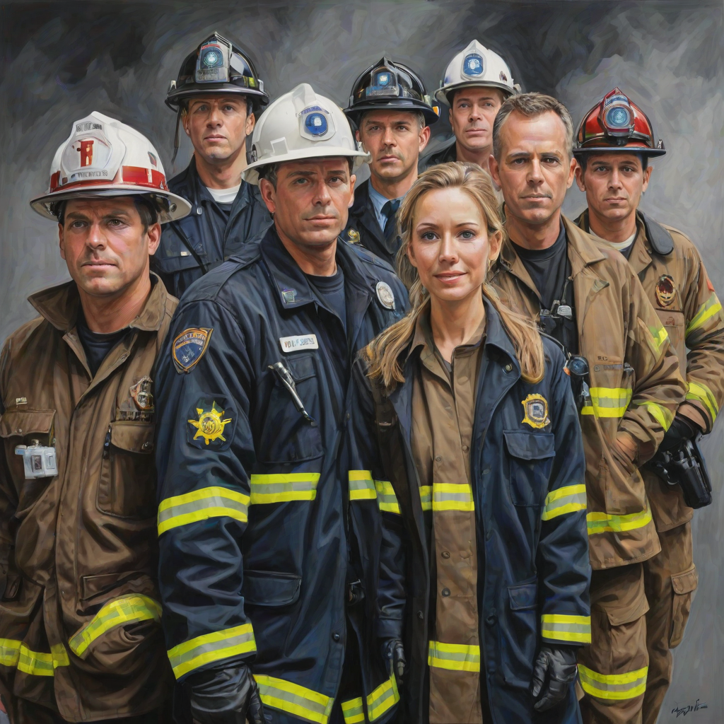 acrylic illustration of realistic first responders, fireman, policeman, emts, doctors, nurses, military
