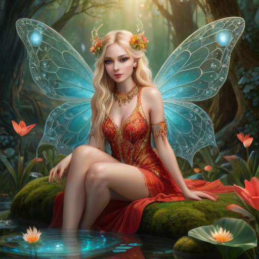 A digital artwork features a winged fairy with delicate Aqua butterfly wings, adorned with intricate Ivory andAsparagus patterns. She is seated on a vibrant Moss flower, wearing a revealing red two-piece outfit with sparkling beadwork. Her fair skin, long blonde hair, and gold jewelry add to her ethereal appearance. The background is a warm, golden gradient, creating a magical atmosphere. Small glowing orbs and sparkles surround the flower, enhancing the enchanting, highly detailed, and realistic scene.