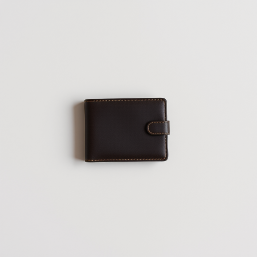 Create a high-resolution image of a sleek, minimalist wallet on a neutral background, using a Canon EOS R5 with a 50mm f/1.2 lens at f/2.8, ISO 100, shutter speed 1/125s, top-down view, soft diffused lighting for enhanced texture and detail.