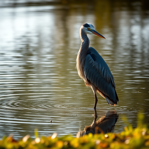 Create an image of a heron standing in water, captured with a DSLR camera at f/2.8 aperture, ISO 100, 1/200 sec exposure, using a telephoto lens from a low angle, with soft, natural lighting to enhance detail and contrast.