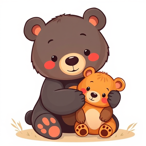 Create a cute illustration of a bear and its cub in a playful pose, vibrant colors, soft and rounded features, with a focus on their expressive faces, set against a simple, natural background, photographed with a DSLR camera at f/2.8 aperture, ISO 200, 50mm lens, with a shallow depth of field to enhance the image quality and detail.