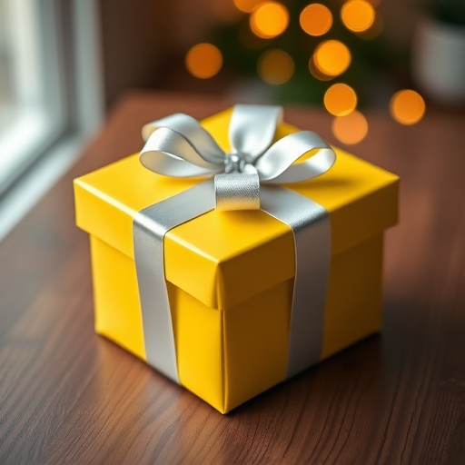 Create a realistic and detailed image of a yellow gift box with a silver ribbon, using a DSLR camera, 50mm lens, f/2.8 aperture, ISO 100, soft natural lighting, and a shallow depth of field for enhanced focus on the box.