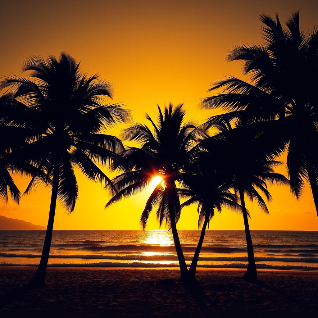 tropical beach scene with silhouette palm trees against a vibrant yellow sunset sky, sun reflecting on the ocean, 35mm lens, f/8 aperture, ISO 100, shot from a low angle to capture foreground details, digital camera style