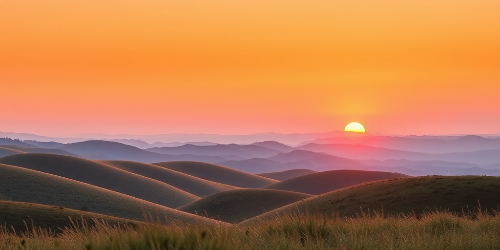 Generate an image of a serene landscape featuring rolling hills and a sunset, shot with a Canon EOS R5, 50mm lens, f/1.8 aperture, ISO 100, 1/125 sec shutter speed, in vibrant colors with a warm golden light.