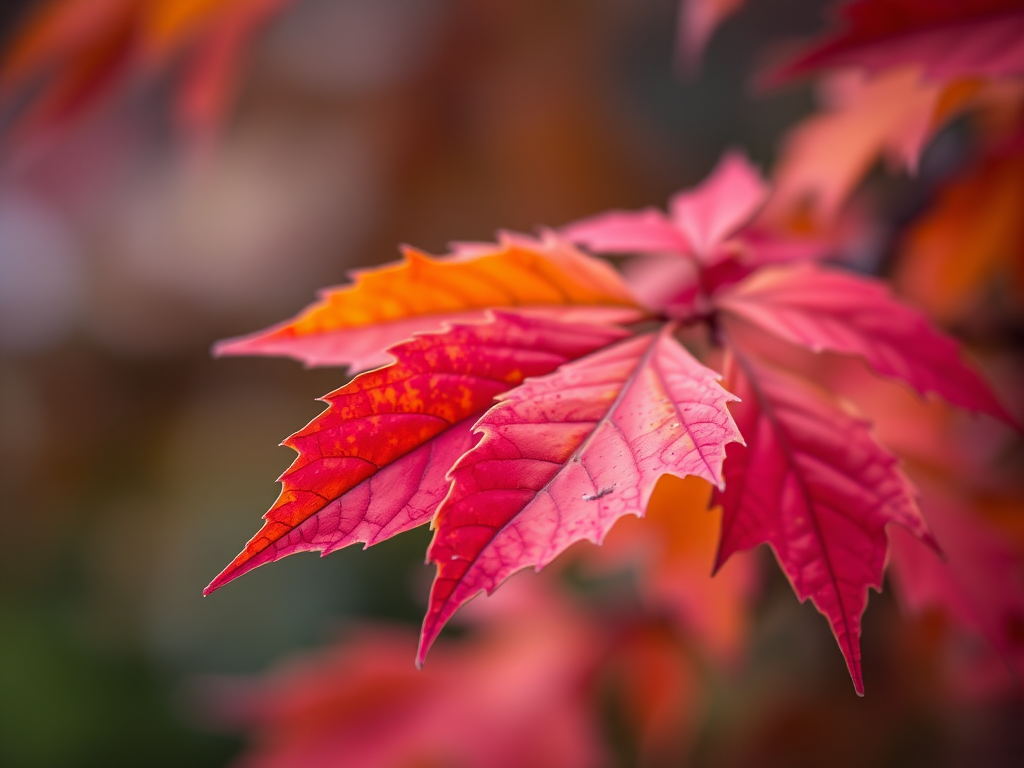 Capture a close-up shot of vibrant autumn leaves with a shallow depth of field, aperture f/2.8, ISO 100, 100mm macro lens, natural light, soft bokeh background.
