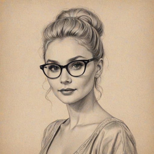 Gorgeous Clare Bowen, pencil sketch, portrait of Lovely woman 1954s in glasses, hair style beatnik, outline, clear lines, fine lines, 8k