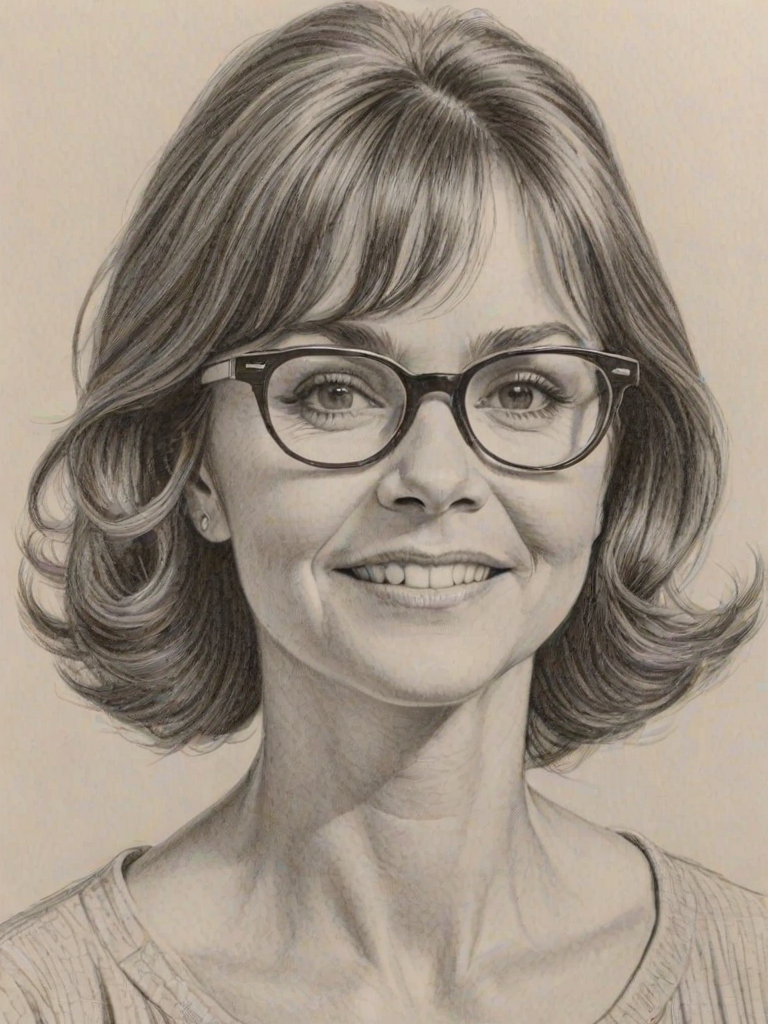 Lovely Sally Field, pencil sketch, portrait of Lovely woman 1957s in glasses, hair style beatnik, outline, clear lines, fine lines, 8k