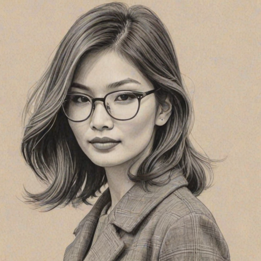 Attractive Gemma Chan, pencil sketch, portrait of Graceful woman 1934s in glasses, hair style beatnik, outline, clear lines, fine lines, 8k