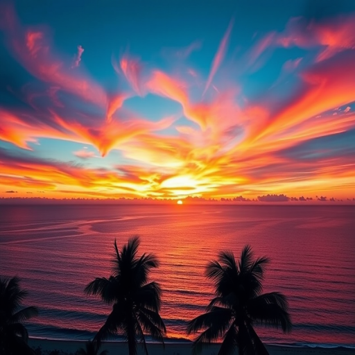 Create a high-resolution image of a vibrant, colorful sunset over a calm ocean with silhouettes of palm trees in the foreground, captured with a Canon EOS R5, 24mm lens, aperture f/8, shutter speed 1/125s, ISO 100, with a wide-angle view in landscape orientation for enhanced depth and detail.