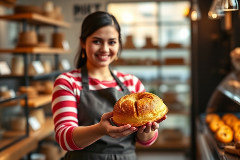 Generate an image of a woman in an apron holding a pastry in a bakery, with a warm, inviting atmosphere, taken with a Canon EOS R5, 50mm f/1.2 lens, aperture set to f/2.8, soft natural lighting, and a shallow depth of field for a bokeh effect on the background.
