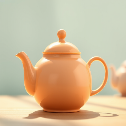 create a high-resolution illustration of a peach-colored teapot with a smooth finish and a fitted lid, captured from a slightly elevated angle using a 50mm lens, aperture set to f/2.8 for a shallow depth of field, in a soft natural light environment to enhance shadows and highlights, using a digital camera for optimal clarity and detail