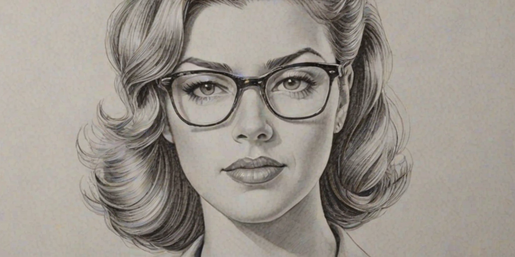 Wonderful Adrianne Palicki, pencil sketch, portrait of Comely woman 1940s in glasses, hair style beatnik, outline, clear lines, fine lines, 8k