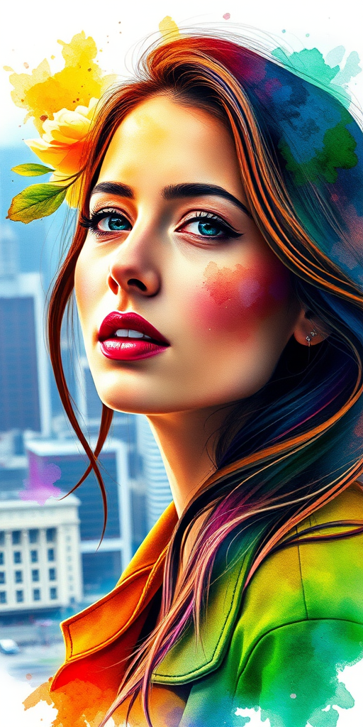 Create a vibrant watercolor portrait of a woman with a cityscape in the background, using a Canon EOS 5D Mark IV, 50mm lens, f/1.8, ISO 200, 1/200s, with a shallow depth of field and high dynamic range for enhanced colors and detail.