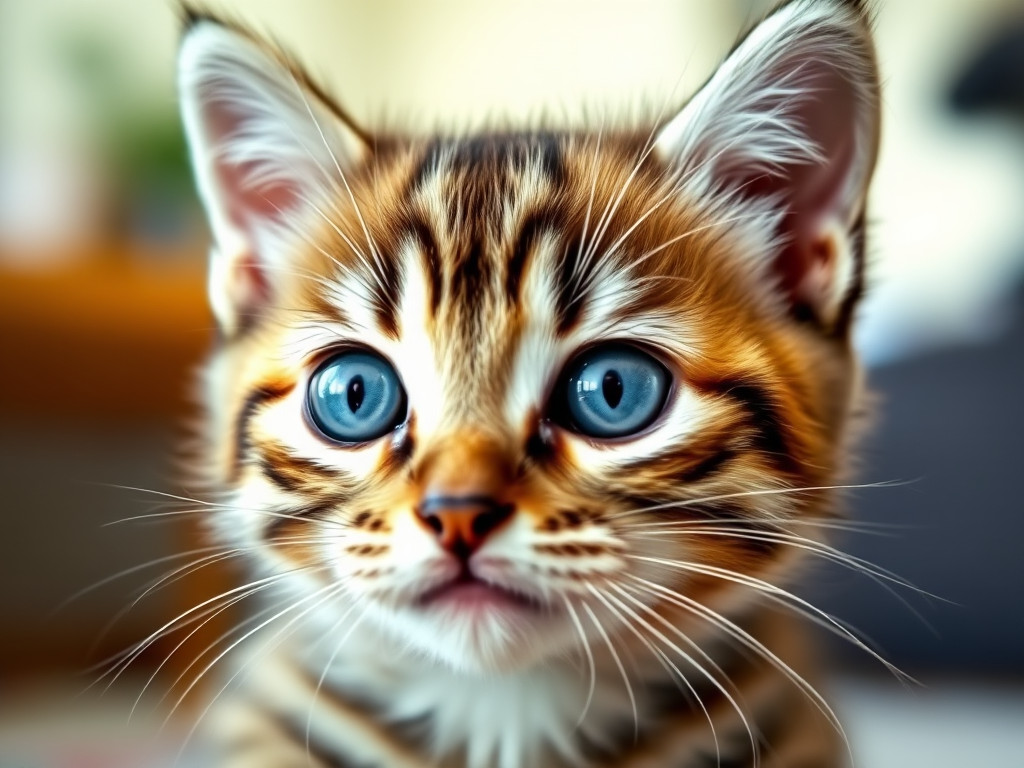 A close-up shot of a cute tabby kitten with striking blue eyes, indoor soft lighting, 50mm lens, aperture f/1.8, ISO 200, shallow depth of field, DSLR camera.