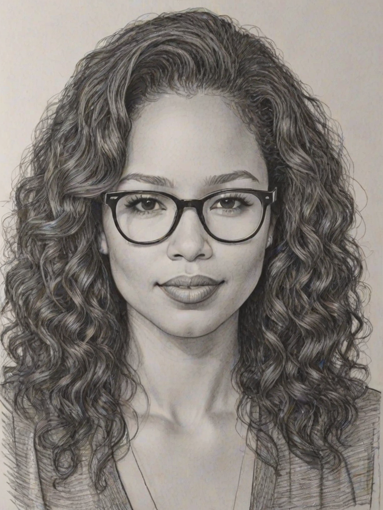 Pleasing Jurnee Smollett-Bell, pencil sketch, portrait of Enticing woman 1978s in glasses, hair style beatnik, outline, clear lines, fine lines, 8k
