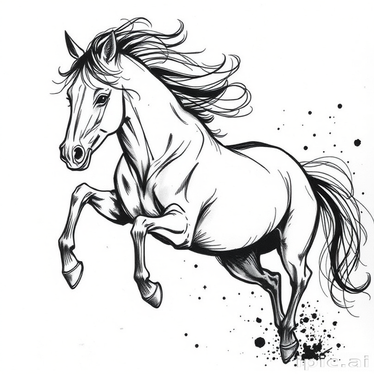 Sketch-style tattoo "Ephemeral Essence" capturing the raw energy of a wild horse in motion using loose, expressive black ink strokes and subtle shading to create a sense of movement